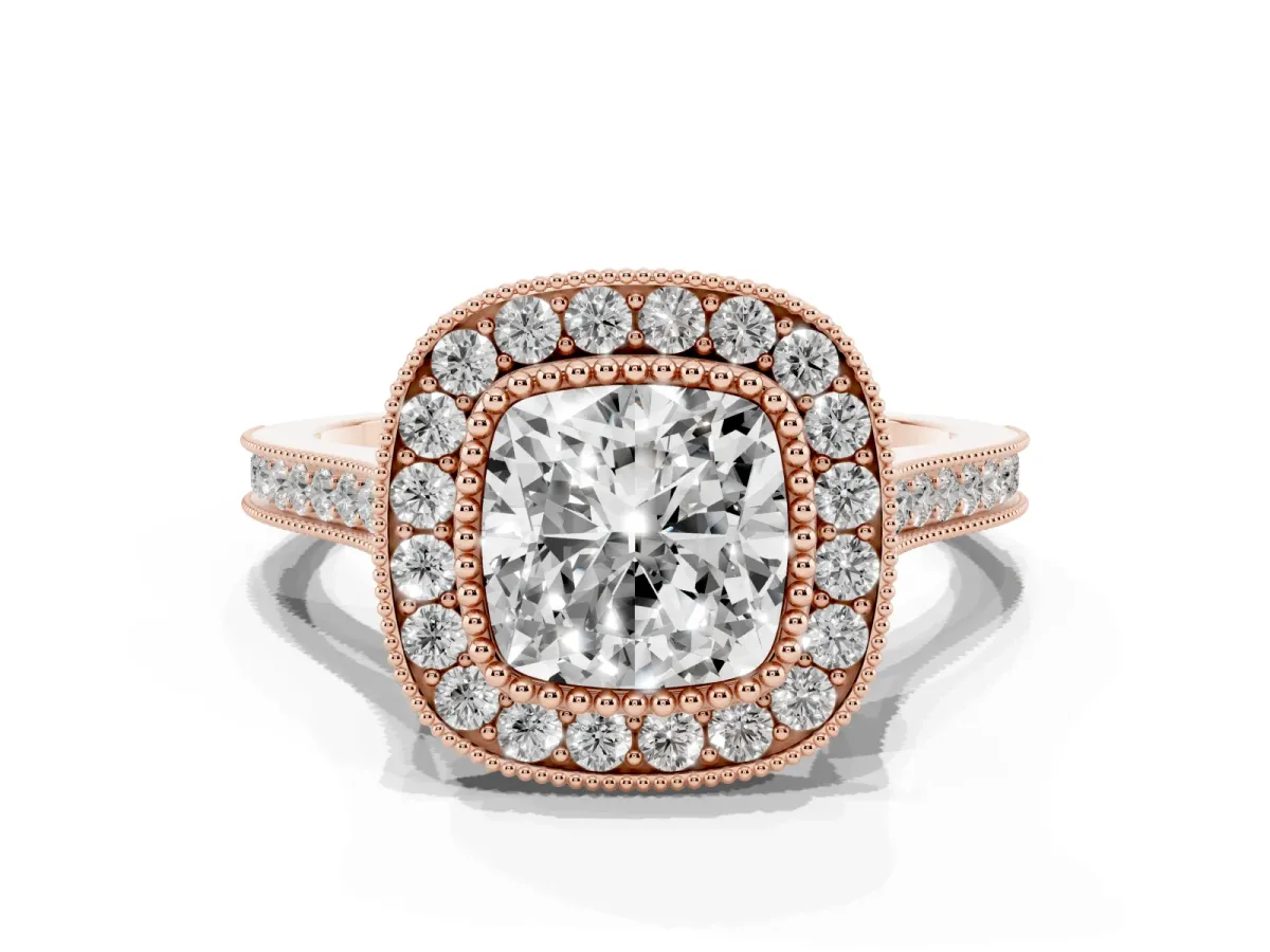 Cushion Cut Diamond Halo Ring with Milgrain Frame and Pavé Band Rose gold