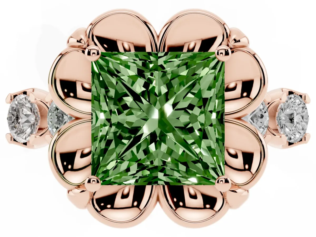 Fancy Green Princess Cut Cut Diamond Floral Halo Engagement Ring with Shared Prong Setting Rose gold