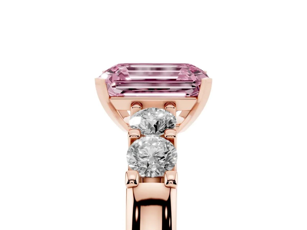 Fancy Pink Emerald Cut Brilliant Cut Diamond Five-Stone Prong Set Engagement Ring with Channel Band Rose gold