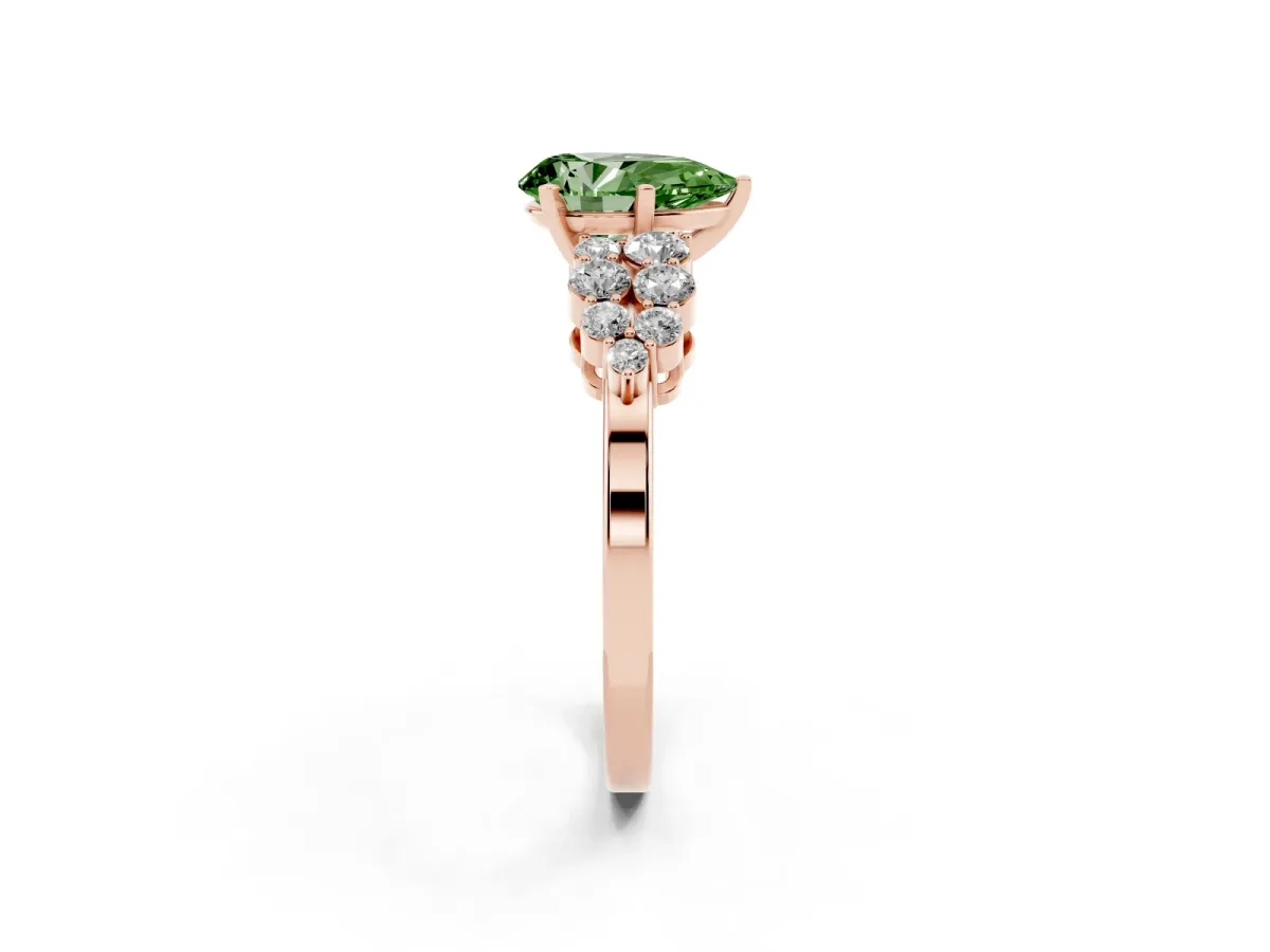 Fancy Green Pear Cut Cluster Diamond Engagement Ring with Pavé Band and Four-Prong Setting Rose gold