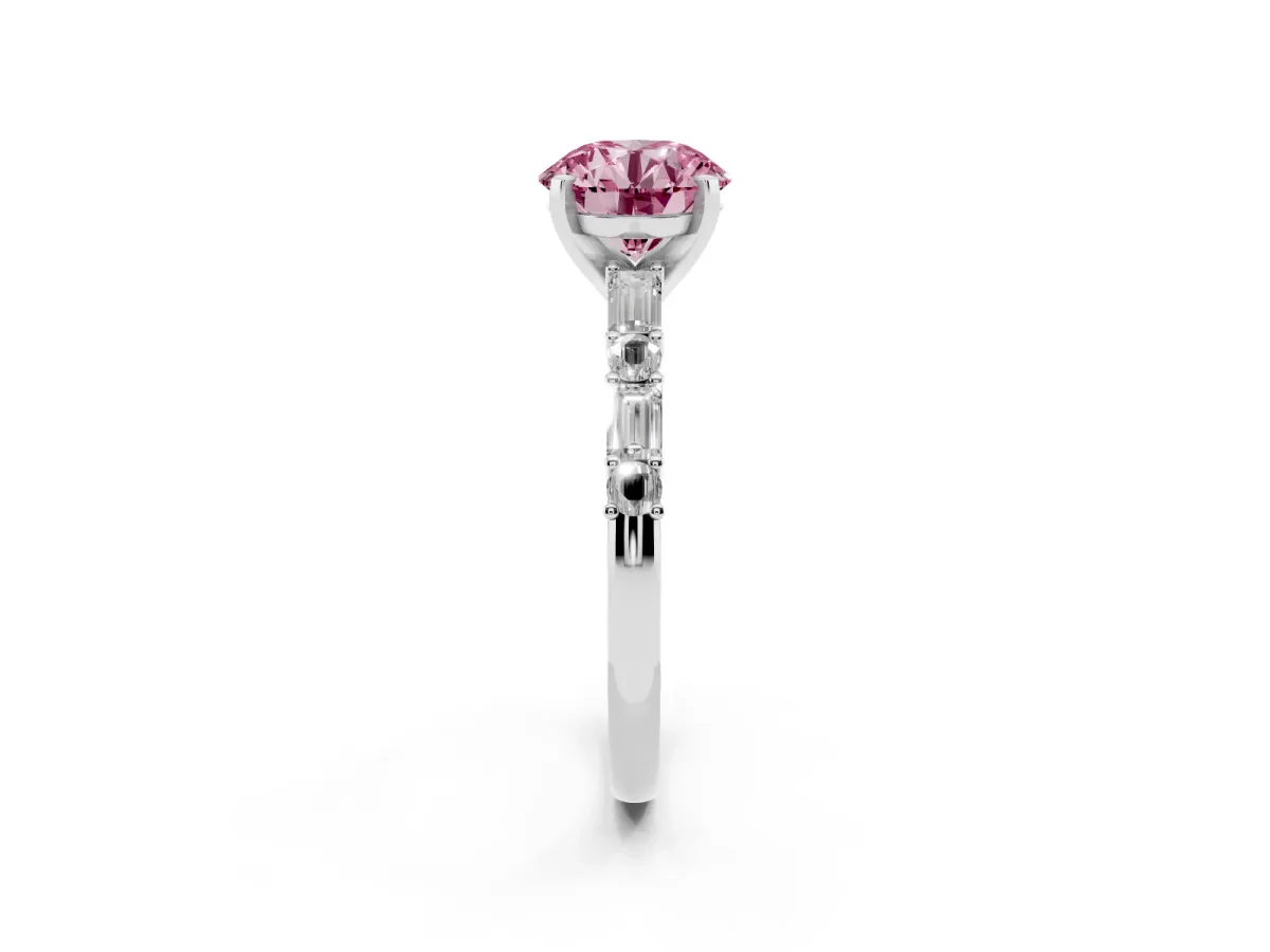 Fancy Pink Round Cut Diamond Solitaire with Side Baguettes and Channel Set Band Silver