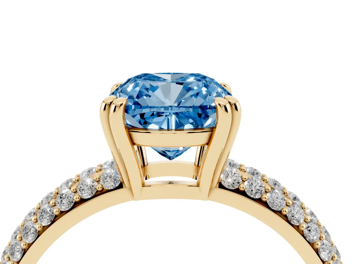 Fancy Blue Cushion Cut Diamond Solitaire Ring with Multi-Row Round Pavé Band and Prong Setting Yellow gold