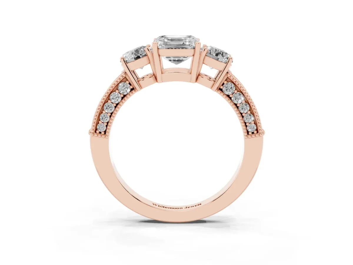 Asscher Cut Three-Stone Diamond Ring with Pavé Band and Four-Prong Setting Rose gold