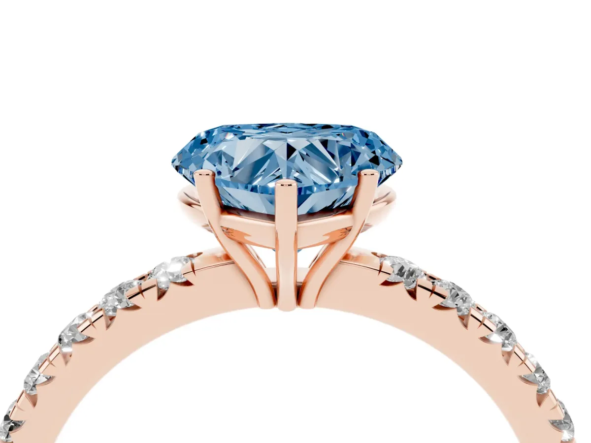 Fancy Blue Heart Cut Diamond Pavé Solitaire Engagement Ring with Four-Prong Setting Rose gold