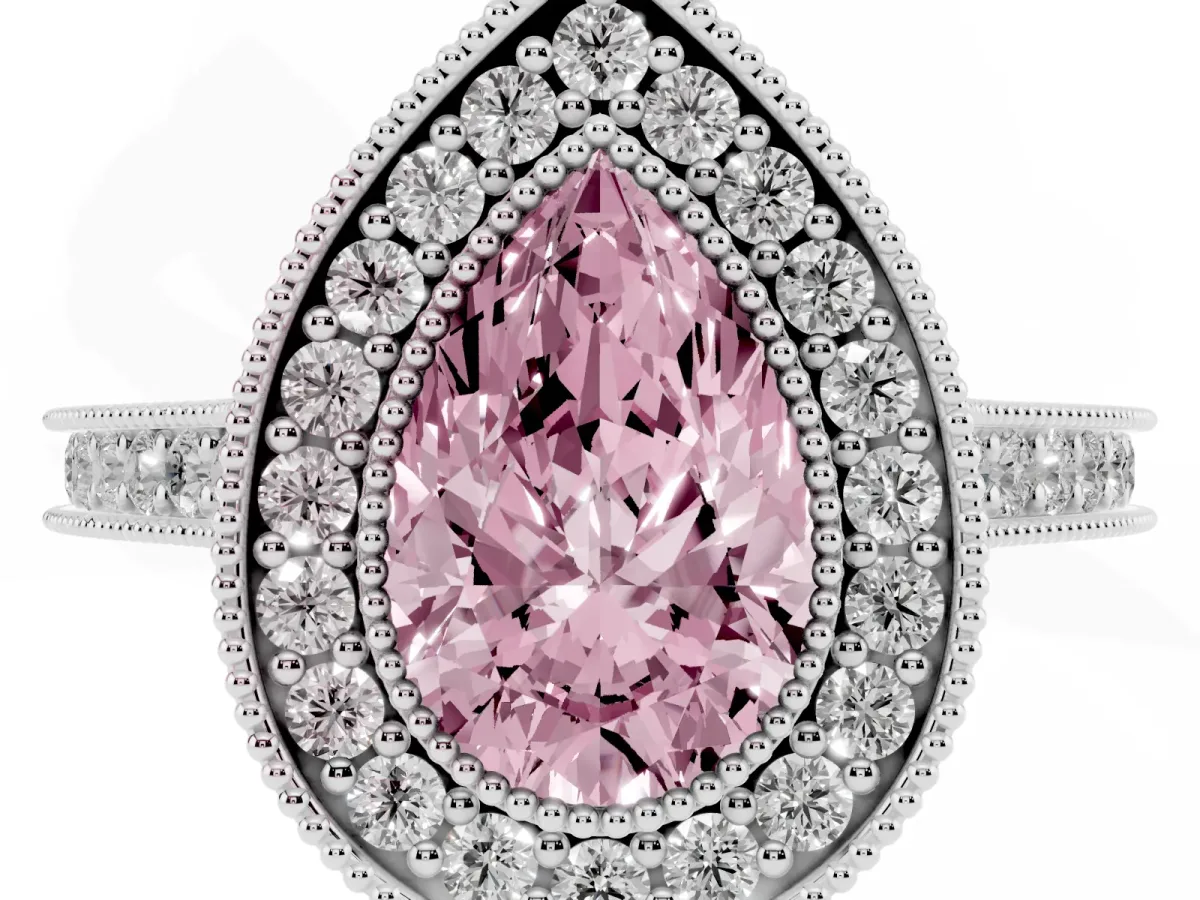 Fancy Pink Halo Pear Cut-Cut Diamond Pave Band Milgrain Prong Setting Ring Silver