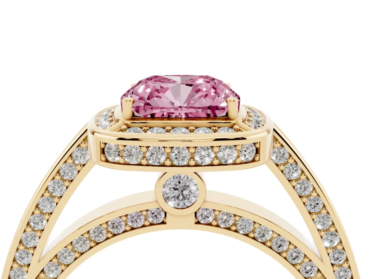 Fancy Pink Cushion Cut Cut Halo Pave Split Shank Prong Setting Ring Yellow gold