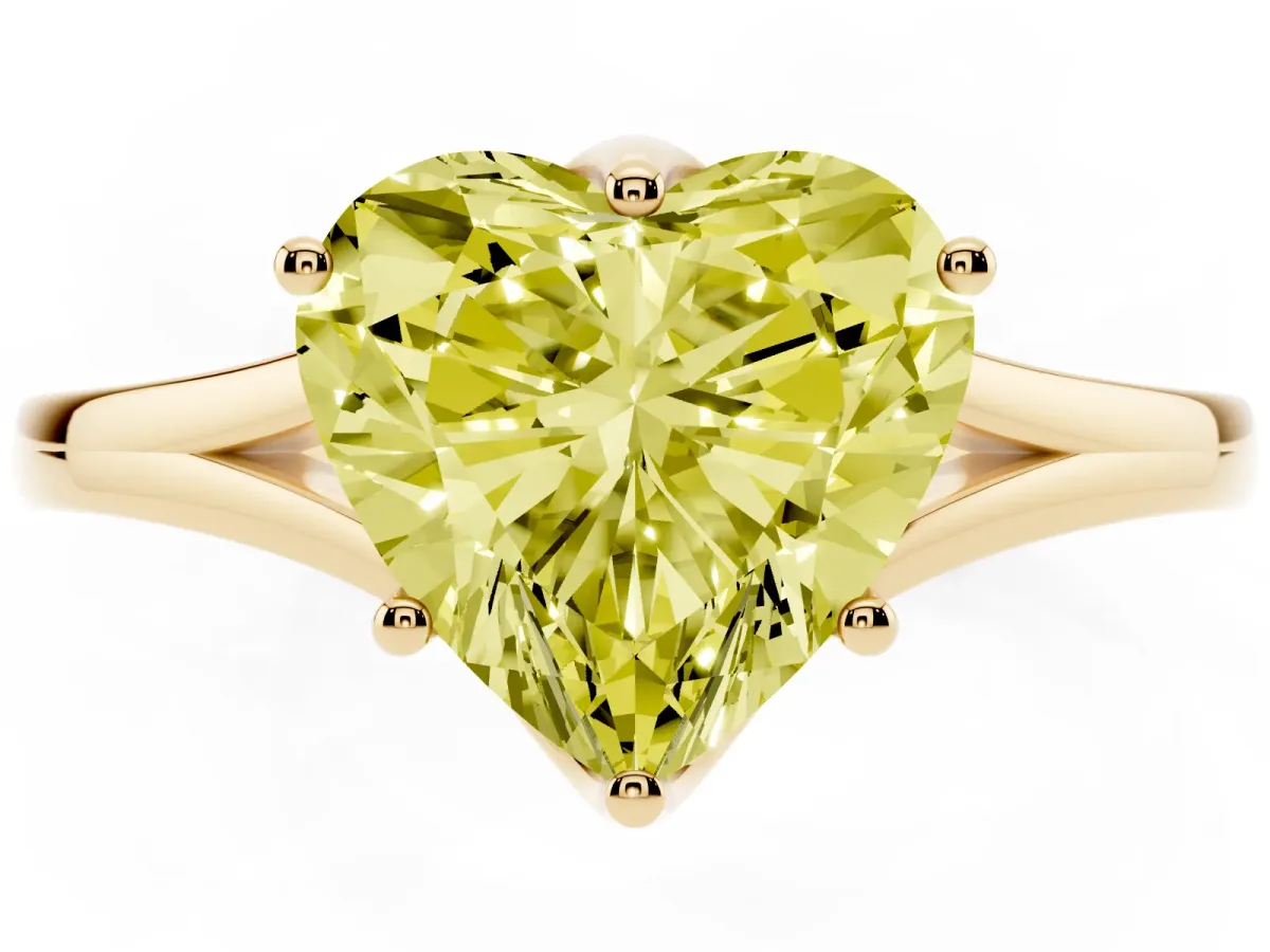Fancy Yellow Heart Cut Solitaire Diamond Ring with Six-Prong Setting and Tapered Band Yellow gold