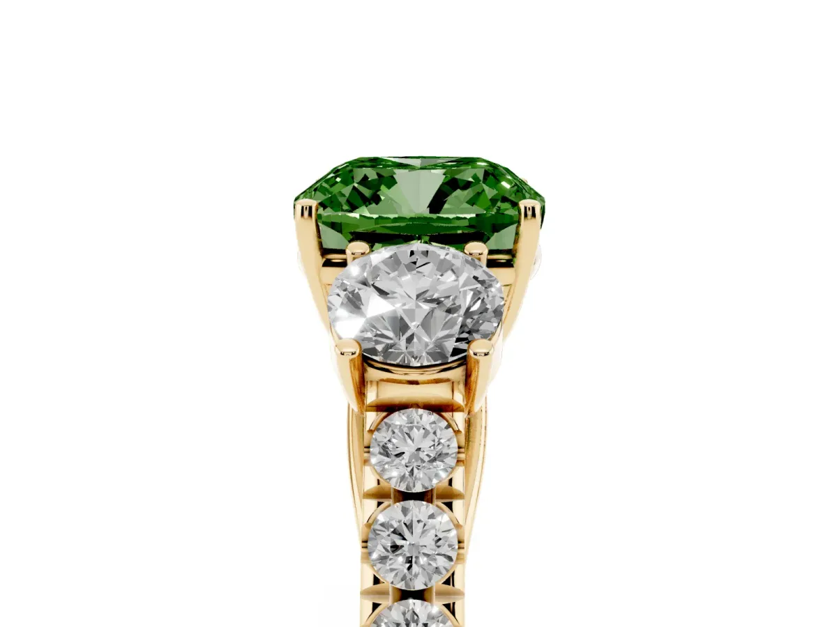Fancy Green Cushion Cut Cut Diamond Three-Stone Ring with Round Side Stones and Pavé Band Yellow gold