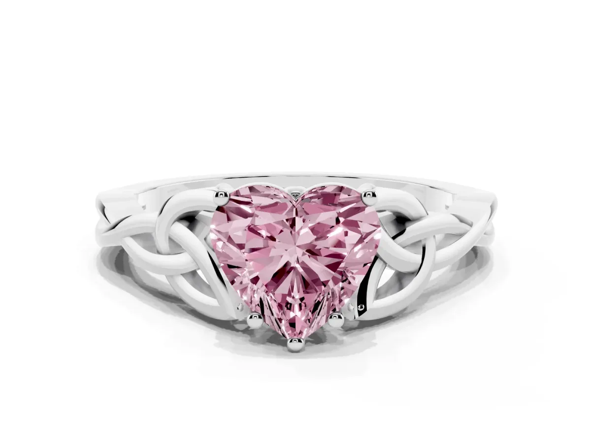 Fancy Pink Heart Cut Diamond Solitaire Engagement Ring with Celtic Knot Band and Four-Prong Setting Platinum