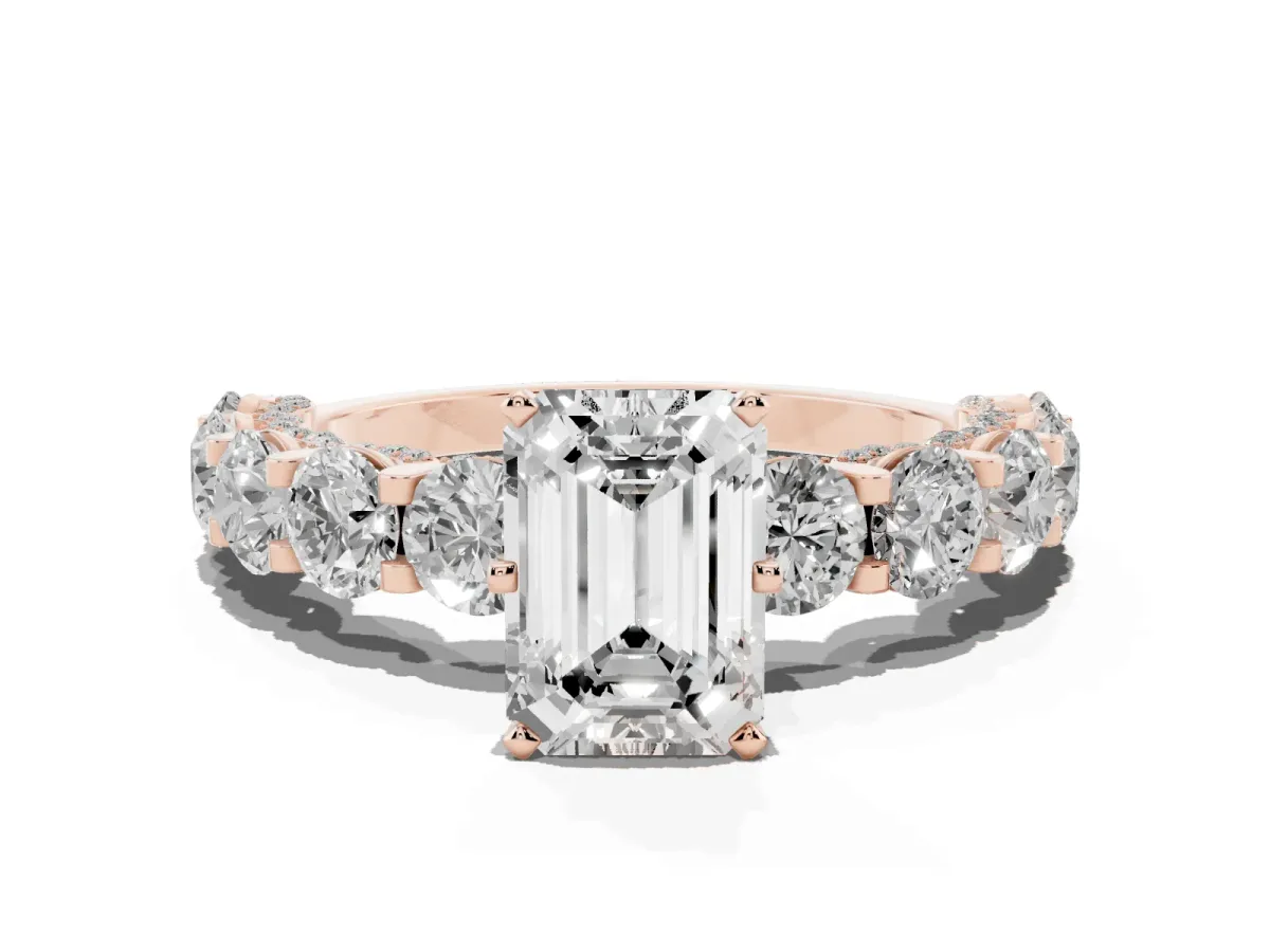 Emerald Cut Diamond Side Stone Engagement Ring with Four-Prong Setting Rose gold