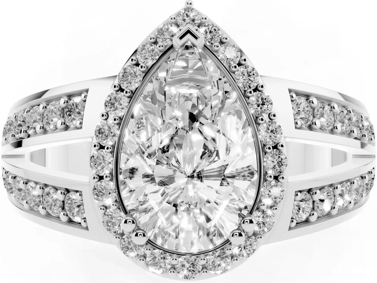 Pear Cut Diamond Halo Ring with Split Shank Pavé Band and Four-Prong Setting Silver