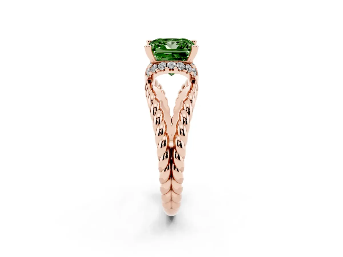Fancy Green Princess Cut Halo Twisted Band Four-Prong Ring Rose gold