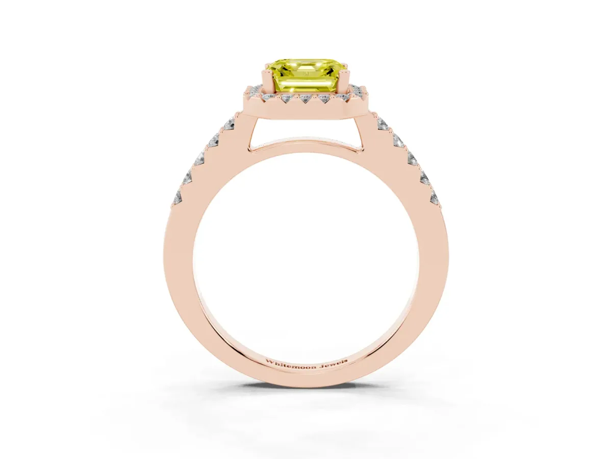 Fancy Yellow Asscher Cut Halo Diamond Pavé Solitaire Ring Rose gold