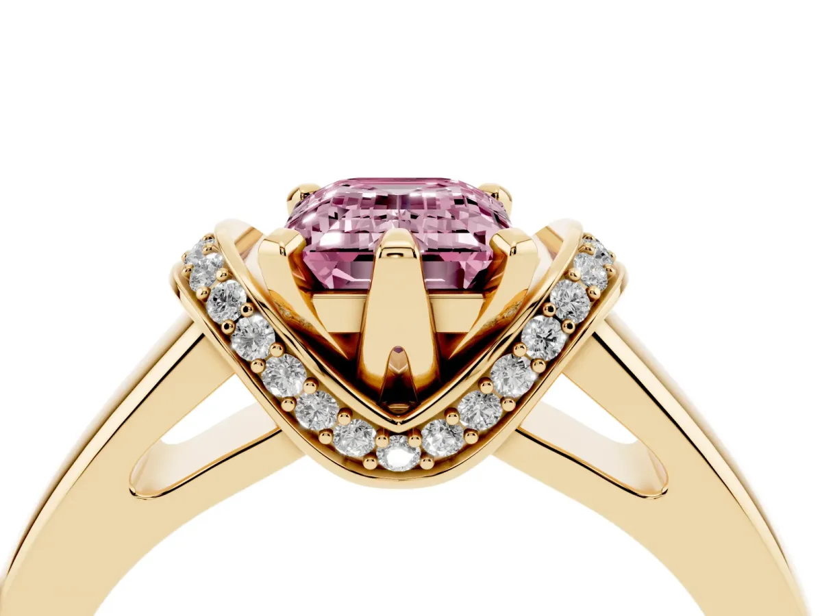 Fancy Pink Emerald Cut Solitaire Diamond Ring with Pave Band and Six-Prong Setting Yellow gold