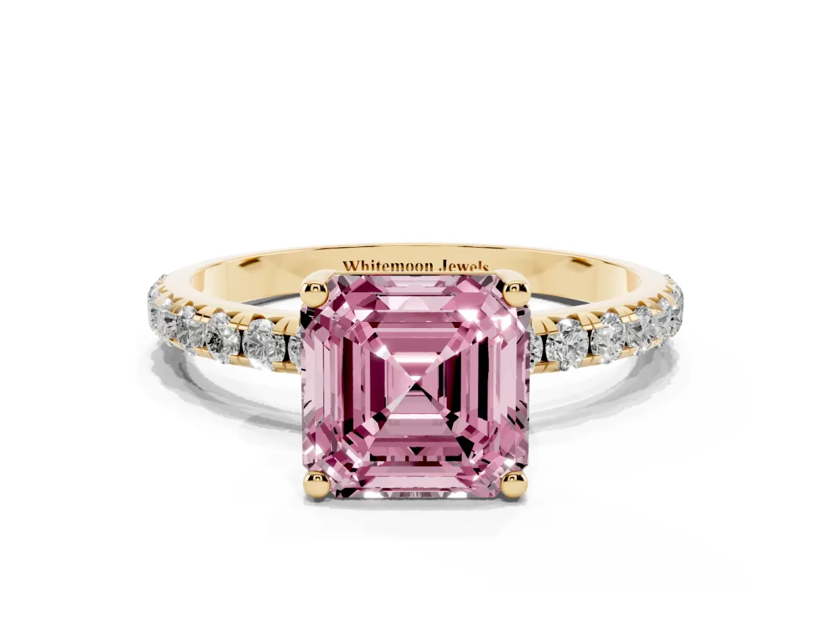 Fancy Pink Asscher Cut Cut Diamond Solitaire Ring with Micro Pave Band and Four Prong Setting Yellow gold