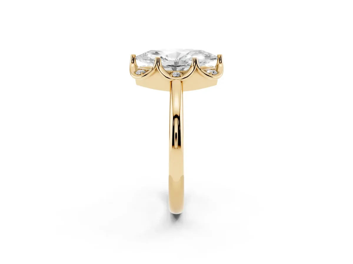 Marquise Cut Halo Diamond Ring with Round Cluster Setting, Solitaire Band, and Four-Prong Setting Yellow gold