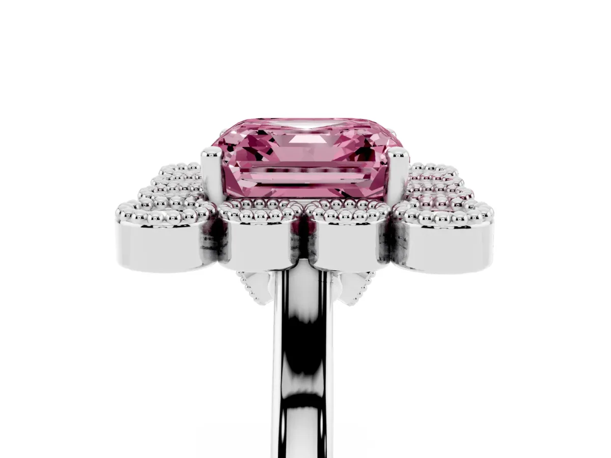 Fancy Pink Asscher Cut Halo Diamond Cluster Engagement Ring with Milgrain Bezel Setting and Solitaire Band Platinum