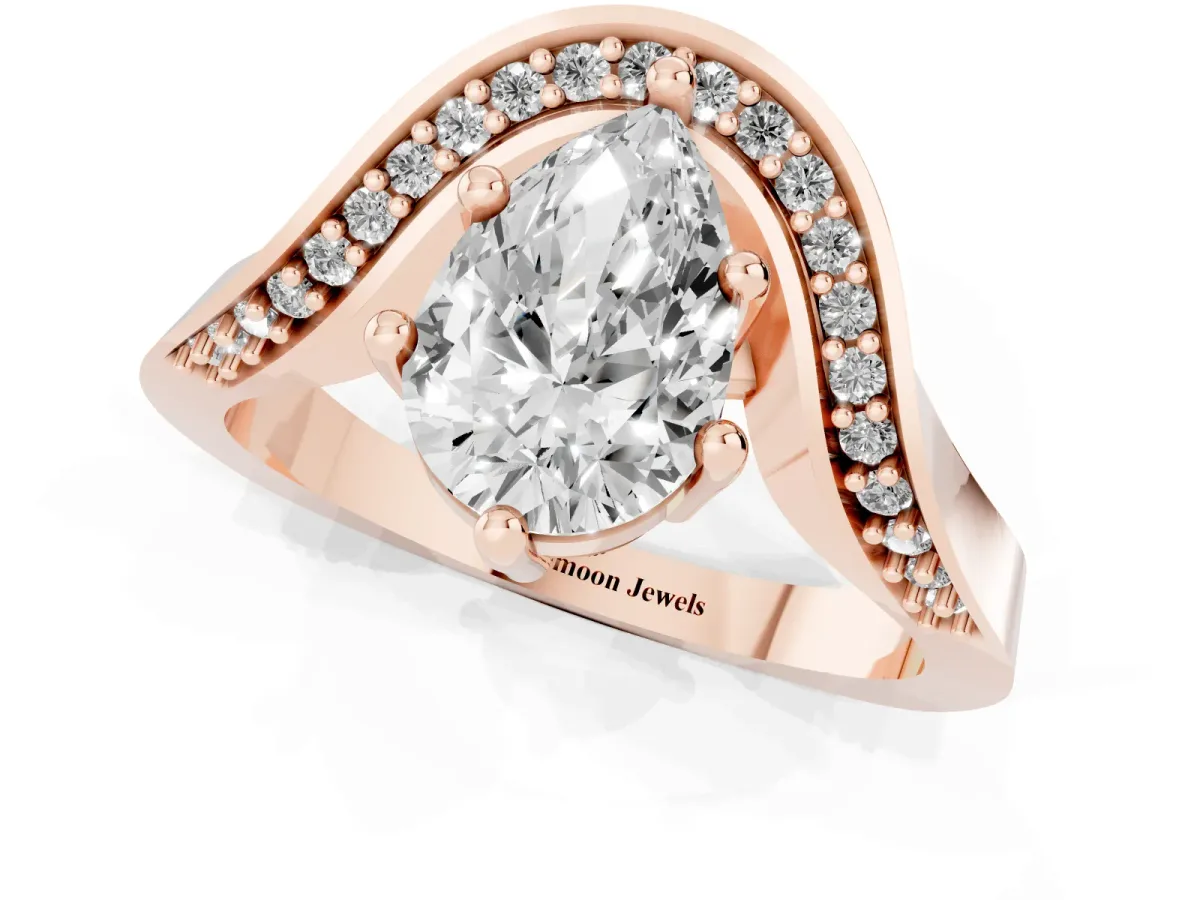 Pear Cut Solitaire Diamond Engagement Ring with Pave Band and Four-Prong Setting Rose gold