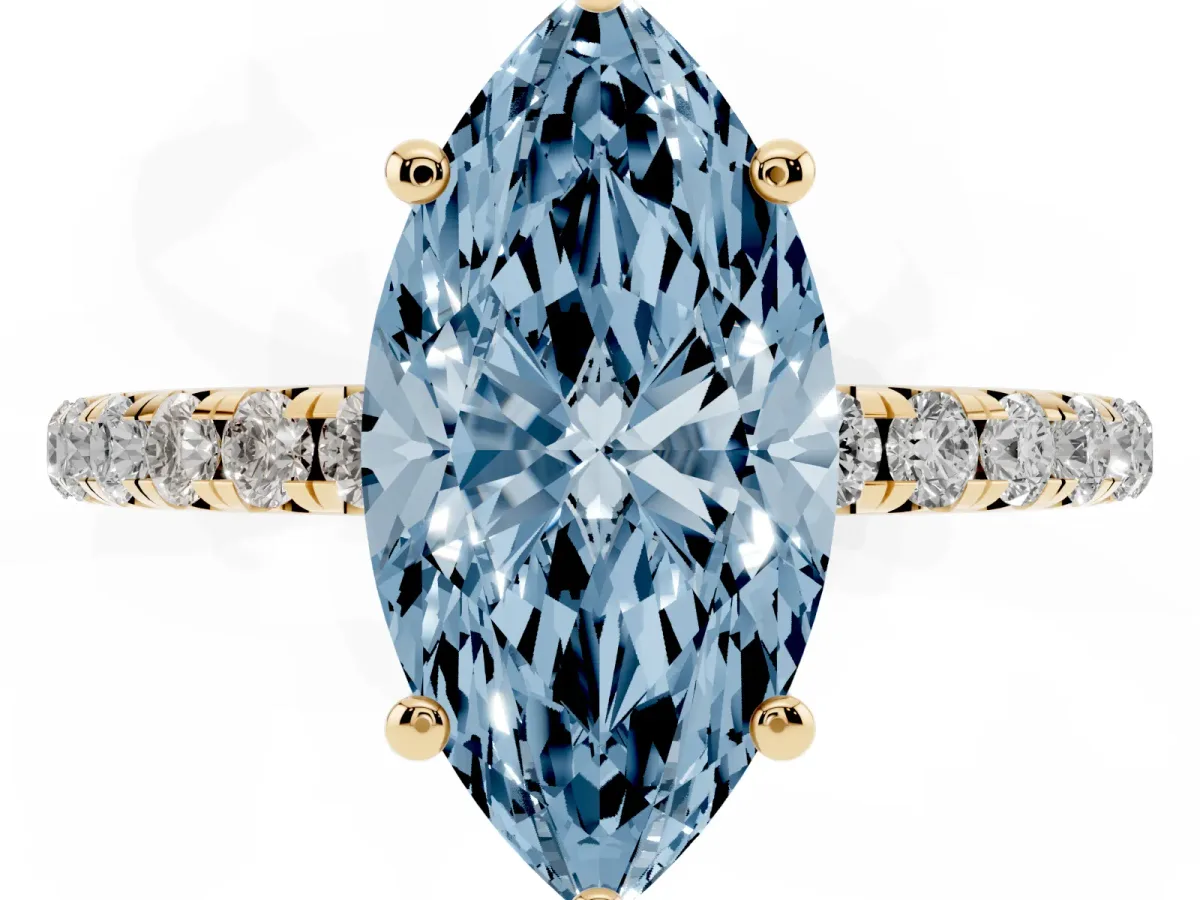 Fancy Blue Marquise Cut Cut Diamond Solitaire Ring with Micro Pave Band and Four Prong Setting Yellow gold