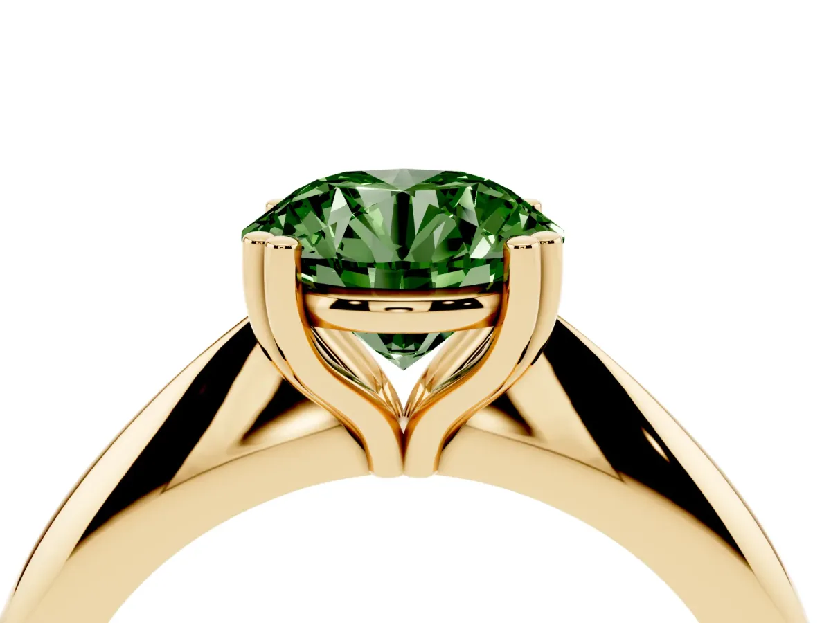 Fancy Green Round Cut Cut Solitaire Engagement Ring with Tapered Band and Four-Prong Setting Yellow gold