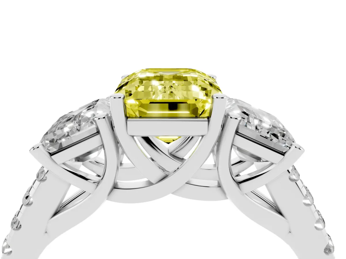 Fancy Yellow Three-Stone Emerald Cut Diamond Ring with Round Pavé Band and Prong Setting Silver