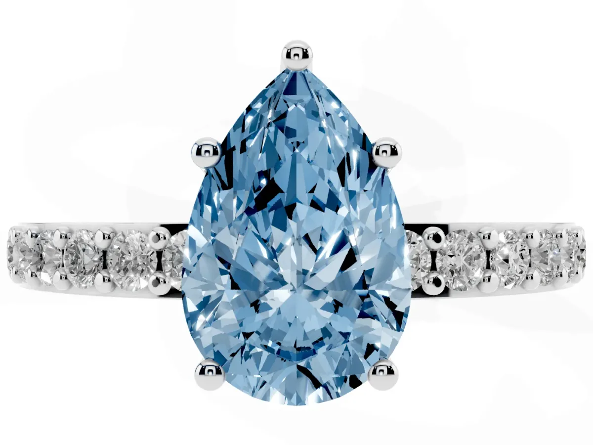 Fancy Blue Pear Cut Cut Diamond Solitaire with Pave Band and Four-Prong Setting Silver