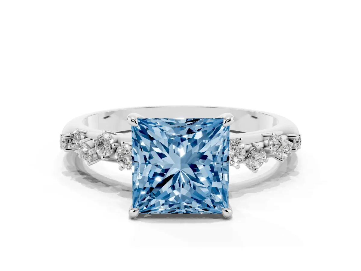 Fancy Blue Princess Cut Diamond Cluster Prong-Set Solitaire Ring Platinum