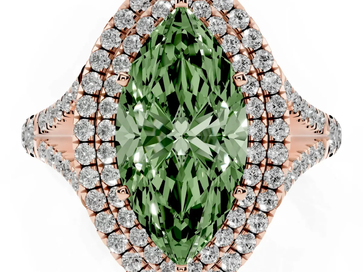 Fancy Green Double Halo Marquise Cut Diamond Split Shank Engagement Ring with Four-Prong Setting Rose gold