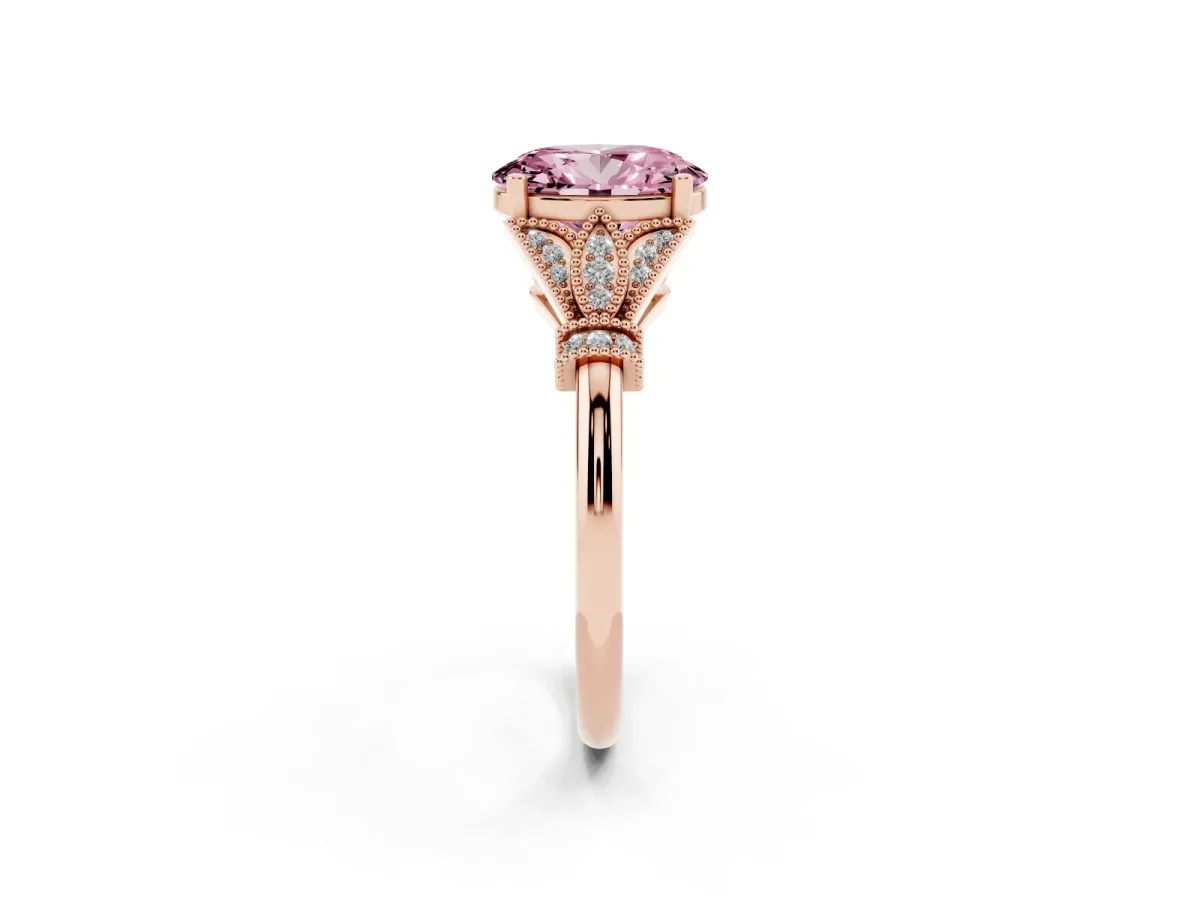 Fancy Pink Oval Cut Diamond Solitaire Ring with Floral Filigree and Pave Accents Rose gold