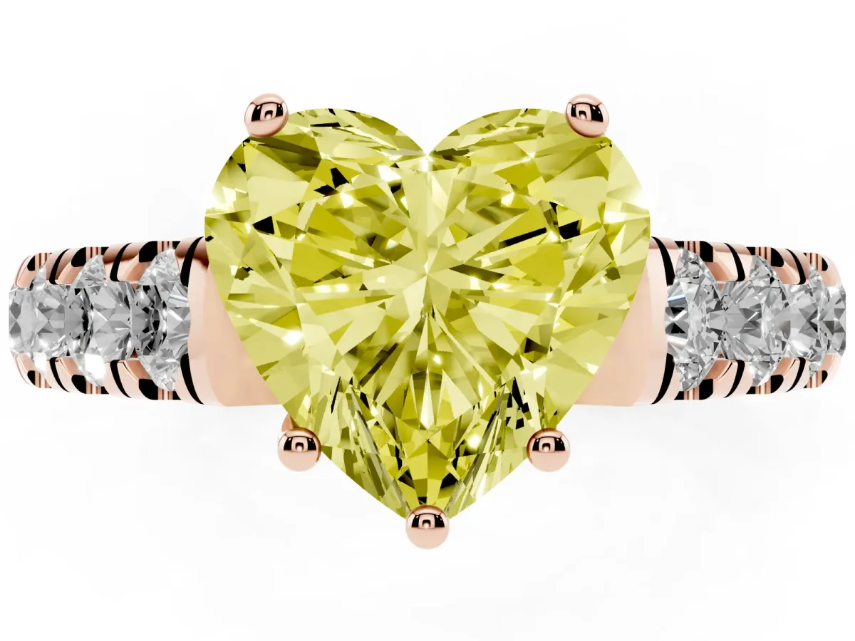 Fancy Yellow Heart Cut Cut Diamond Solitaire Ring with Micro Pave Band and Prong Setting Rose gold