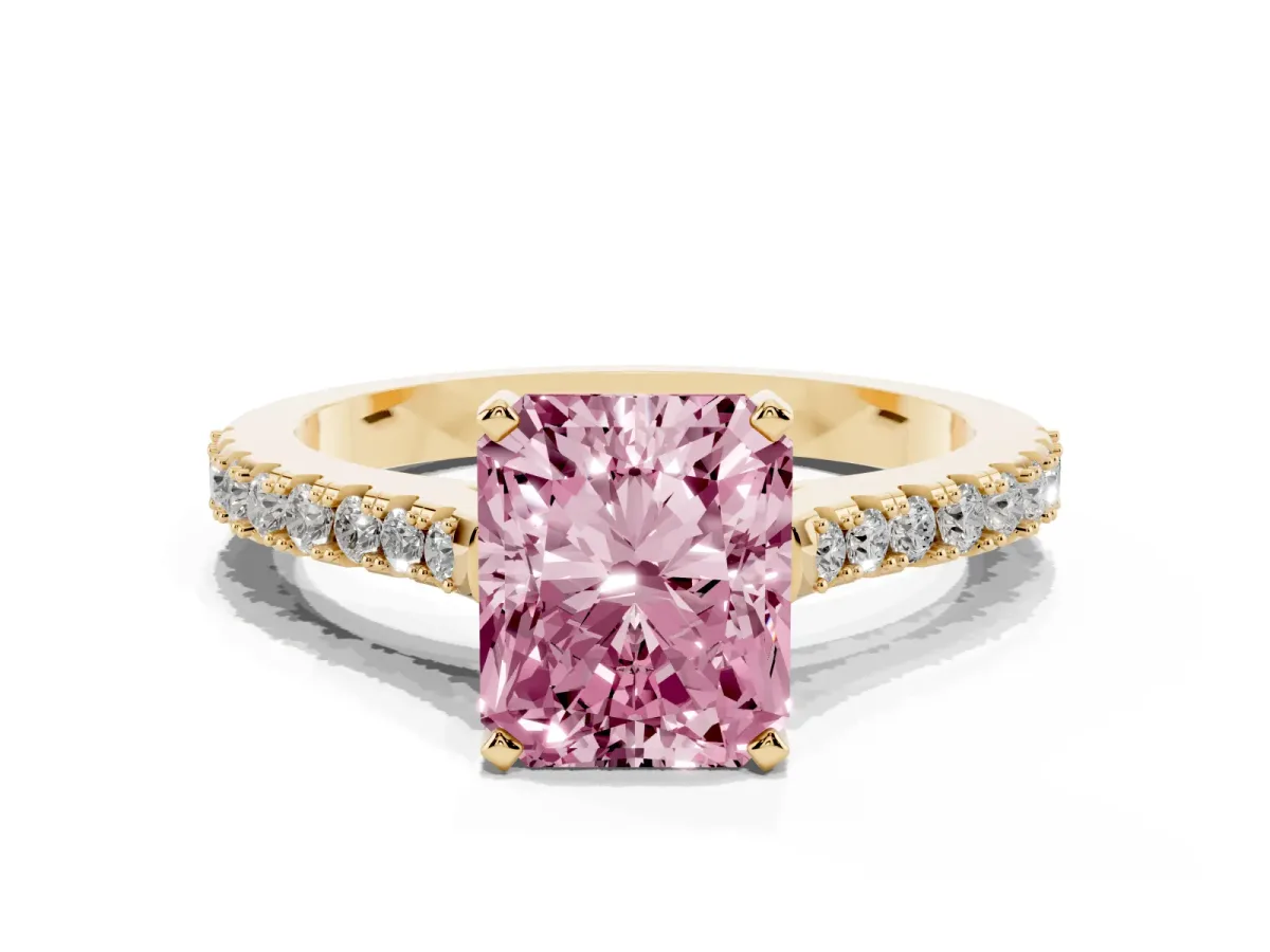 Fancy Pink Radiant Cut Cut Solitaire Diamond Engagement Ring with Pave Band and Four-Prong Setting Yellow gold