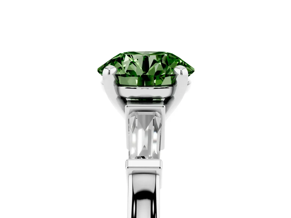 Fancy Green Round Cut Cut Diamond Solitaire Ring with Tapered Baguette Accents and Four-Prong Setting Silver