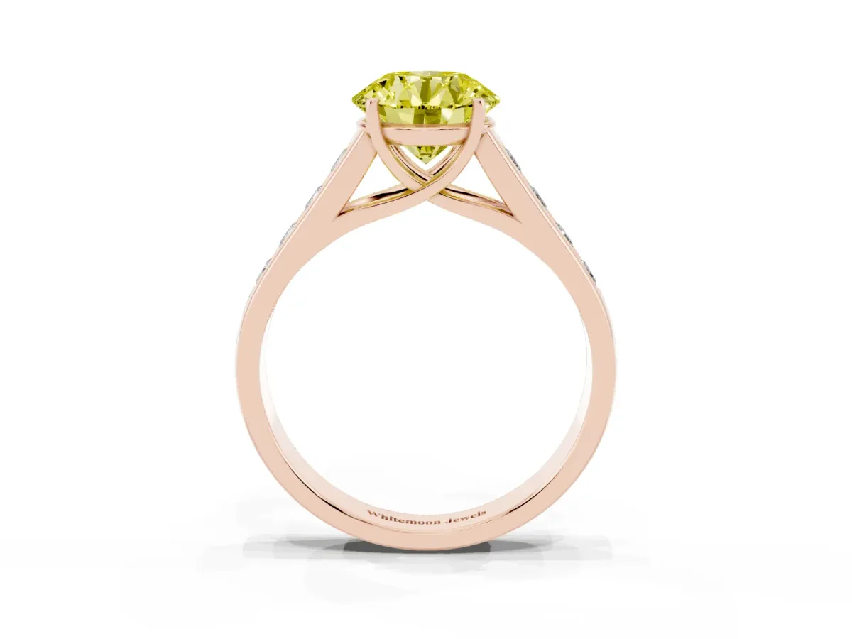 Fancy Yellow Round Cut Brilliant Channel-Set Solitaire Ring with Four-Prong Setting Rose gold
