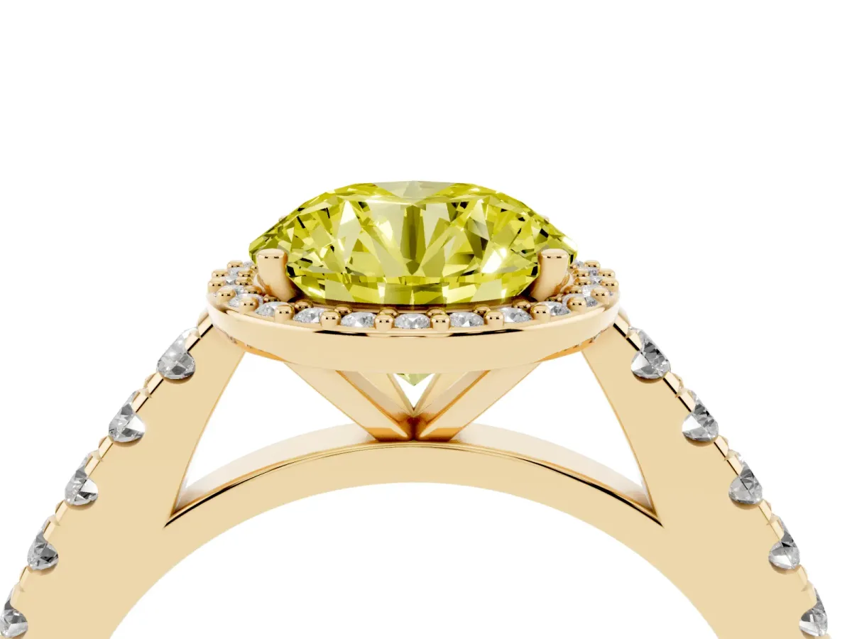 Fancy Yellow Round Cut Cut Halo Diamond Engagement Ring with Pave Band and Four-Prong Setting Yellow gold