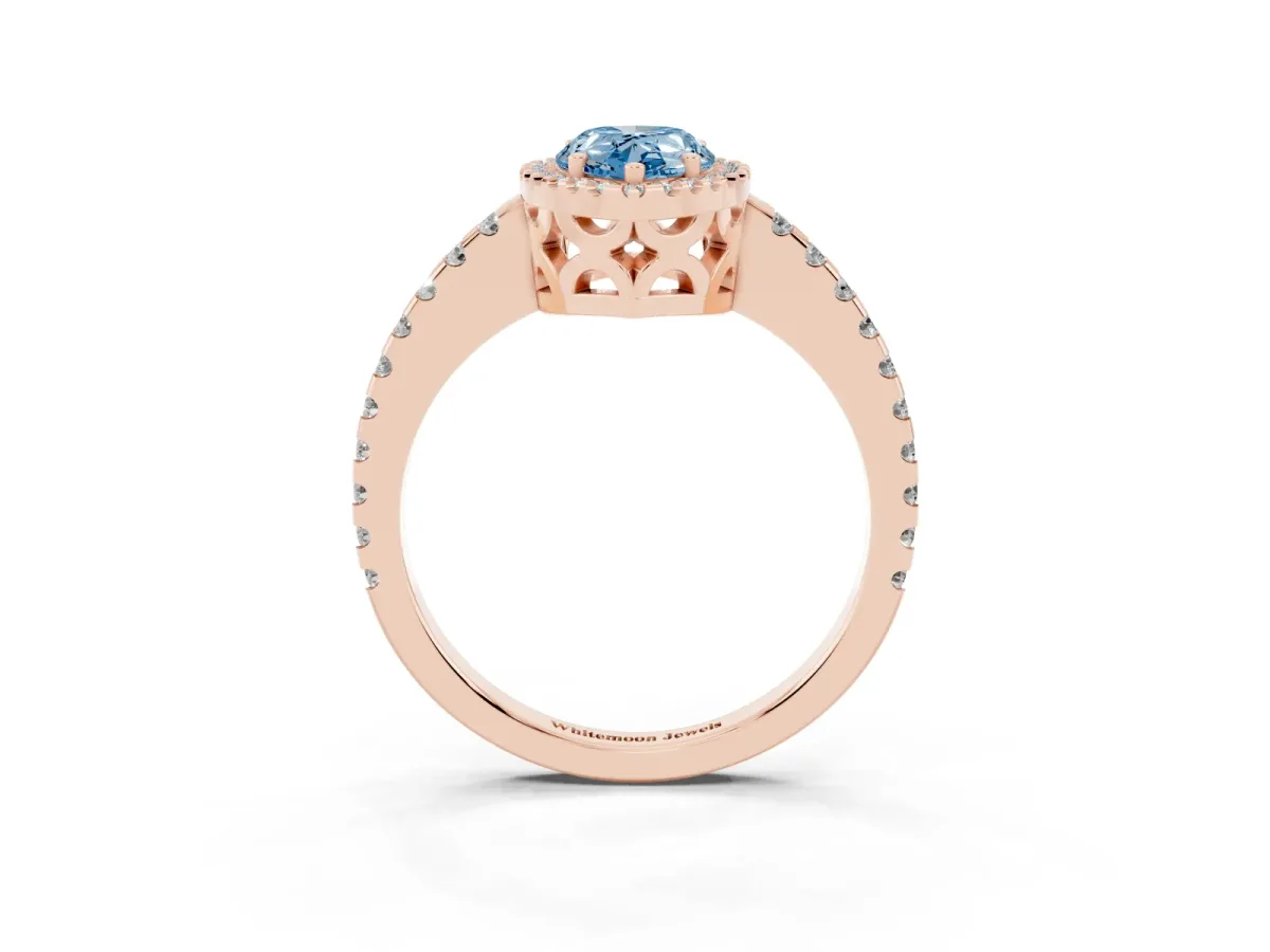 Fancy Blue Pear Cut Diamond Halo Engagement Ring with Pavé Band and Prong Setting Rose gold