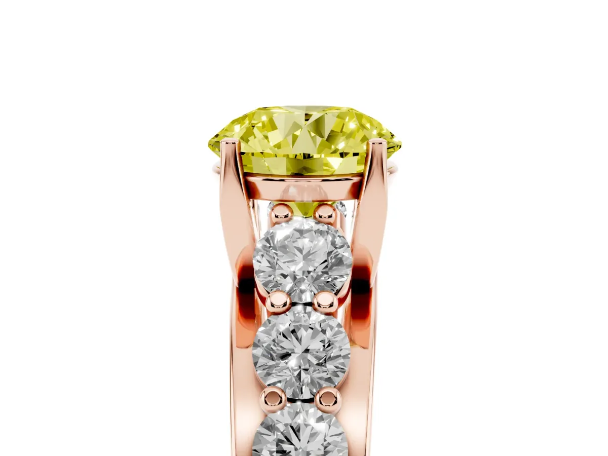 Fancy Yellow Round Cut Diamond Engagement Ring with Pavé Band and Four-Prong Setting Rose gold