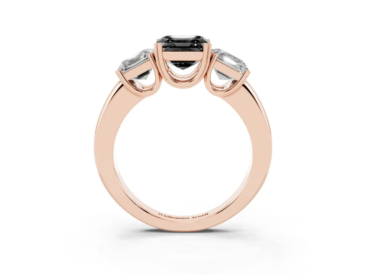 Fancy Black Three-Stone Asscher Cut Cut Diamond Ring with Channel Set Band and Four-Prong Setting Rose gold