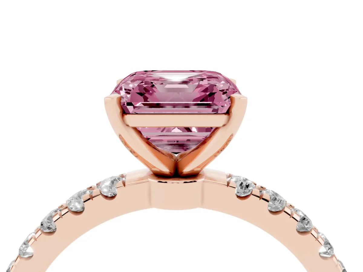 Fancy Pink Asscher Cut Diamond Solitaire Ring with Pavé Accents and Four-Prong Setting Rose gold