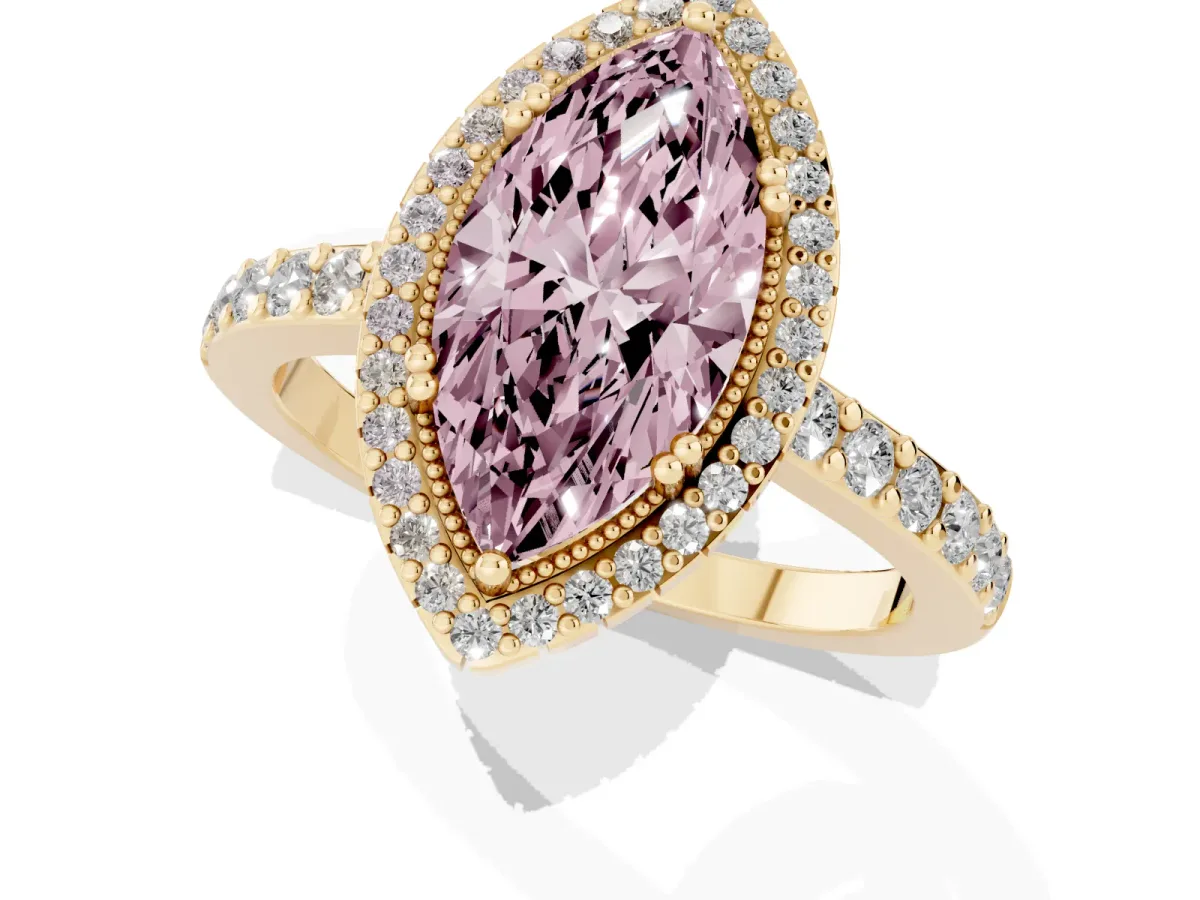 Fancy Pink Marquise Cut Cut Diamond Halo Engagement Ring with Milgrain Detail and Pavé Band Yellow gold