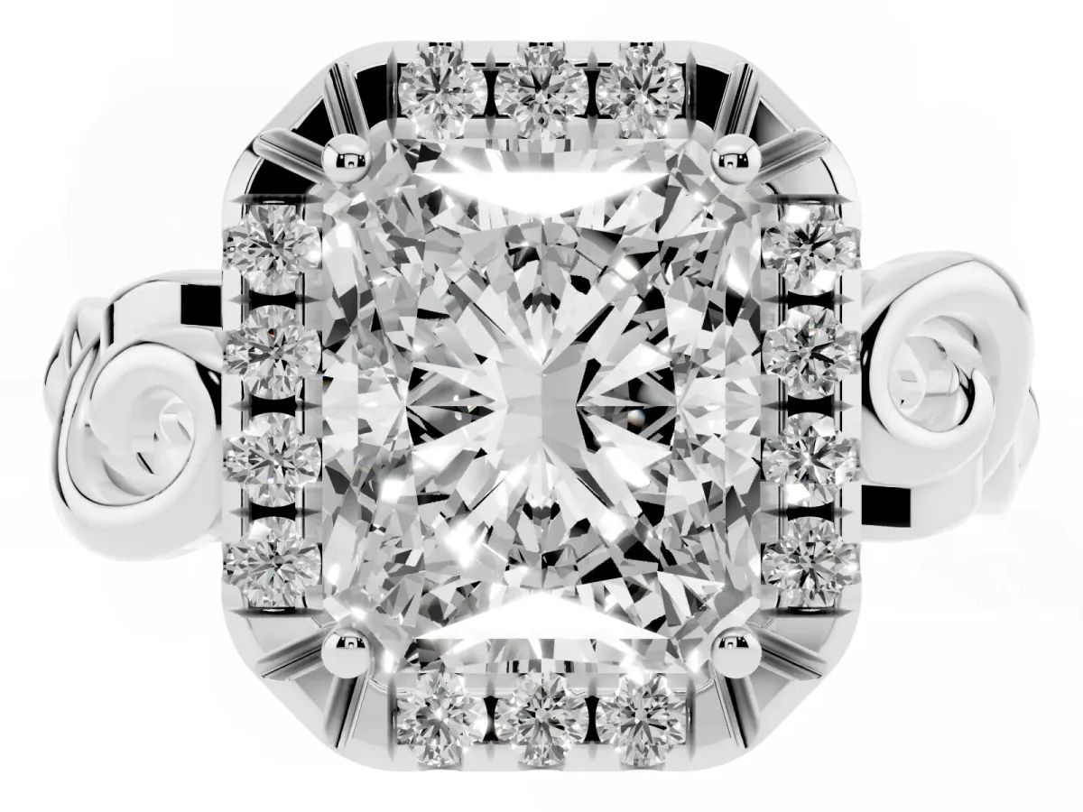 Radiant Cut Cut Halo Diamond Ring with Scrollwork Band and Four-Prong Setting Platinum