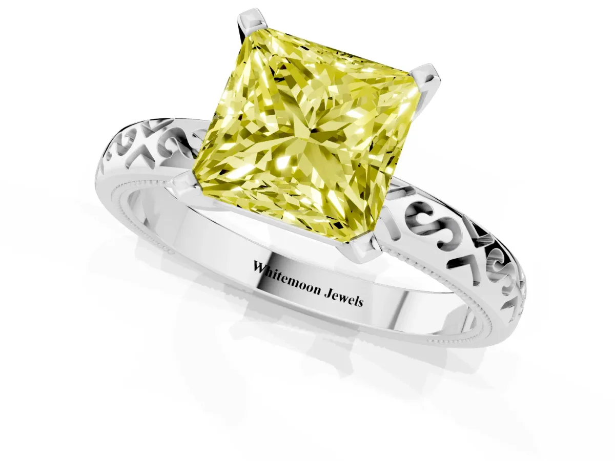 Fancy Yellow Princess Cut Solitaire Engagement Ring with Scrollwork Band and Four-Prong Setting Silver