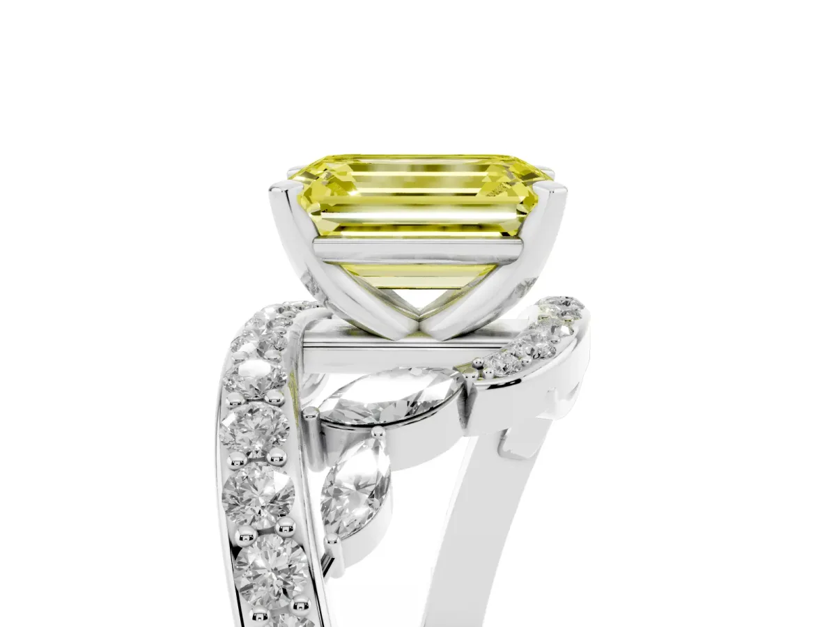 Fancy Yellow Emerald Cut Solitaire with Pavé Twist Band and Four-Prong Setting Silver