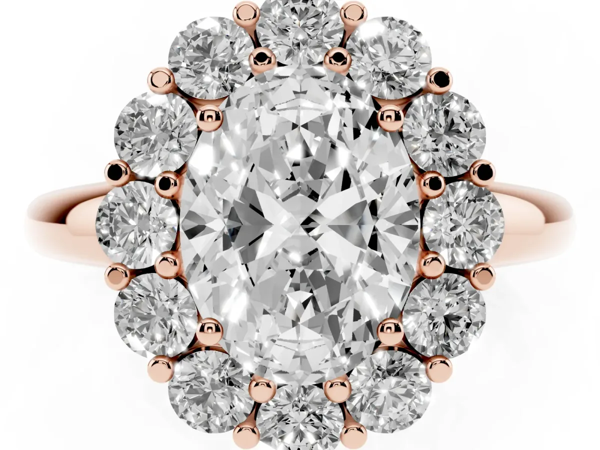 Oval Cut Halo Cluster Diamond Engagement Ring with Prong Setting and Polished Band Rose gold