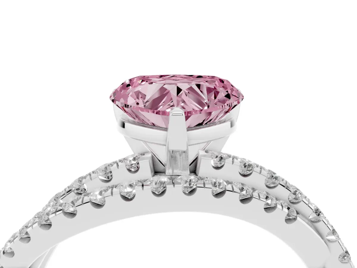Fancy Pink Heart Cut Solitaire Twist Band with Pavé Setting and Four-Prong Setting Silver