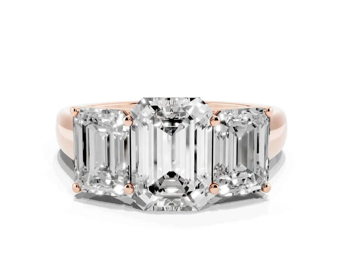Emerald Cut Three-Stone Diamond Ring with Prong Setting on a Classic Band Rose gold