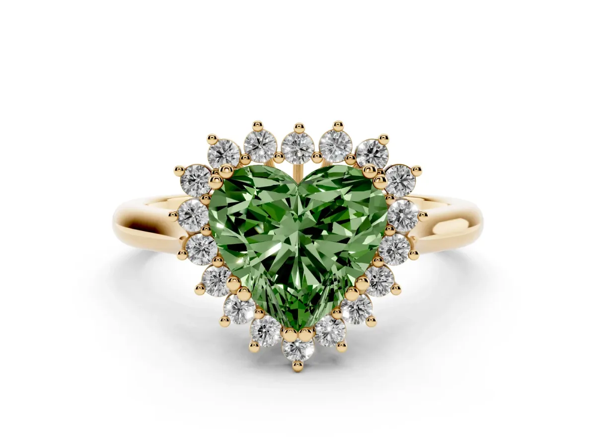 Fancy Green Heart Cut Cut Diamond Halo Ring with Solitaire Band and Prong Setting Yellow gold