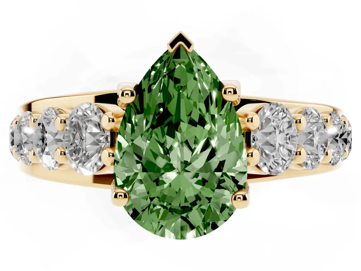 Fancy Green Pear Cut Diamond Engagement Ring with Pavé Band and Four-Prong Setting Yellow gold