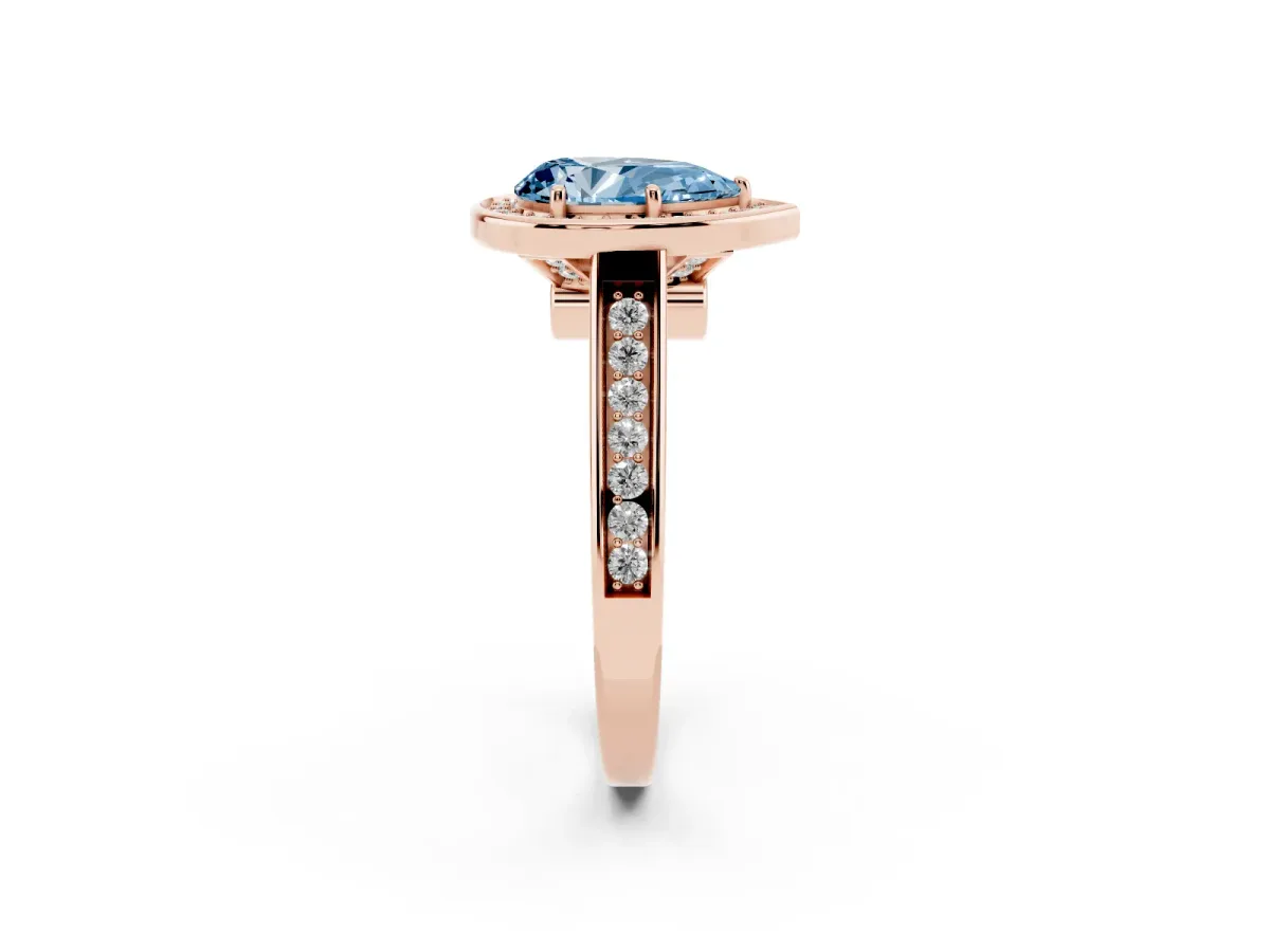 Fancy Blue Pear Cut Halo Solitaire Diamond Ring with Pave Band and Bezel Setting Rose gold