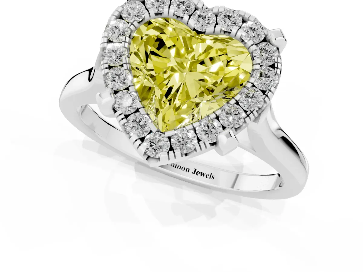 Fancy Yellow Heart Cut Diamond Cluster Halo Solitaire with Four-Prong Setting Silver