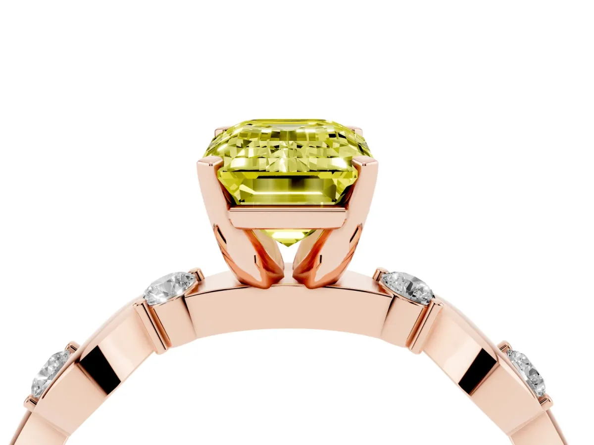 Fancy Yellow Emerald Cut Diamond Solitaire Twisted Band with Round Accents and Prong Setting Rose gold